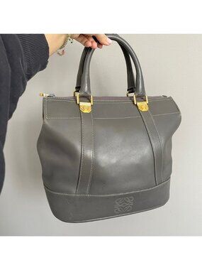 Vintage Loewe Gray Leather Top Handle Purse w/ COA - made in Spain 🇪🇸